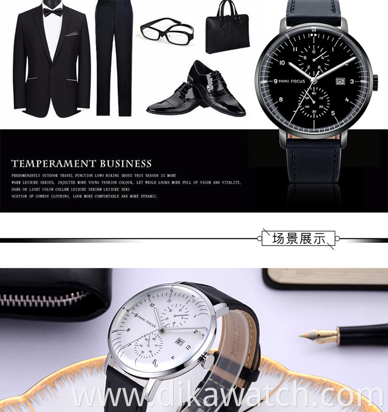 MINI 0052G Brand Fashion Business Leather Men Quartz Watches Reloj De Hombre Chronograph Waterproof Wrist Watches for Men